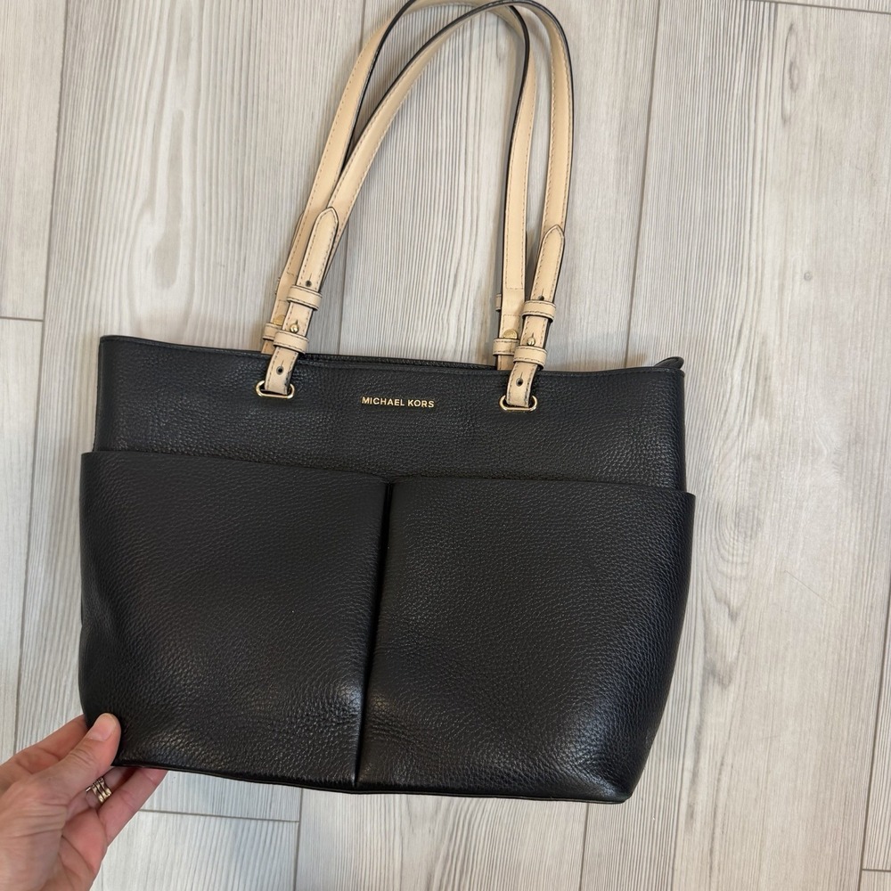 Michael Kors Bedford Tote Handbag Black Pebble Leather Shoulder Purse w/ Pockets - Picture 3 of 16